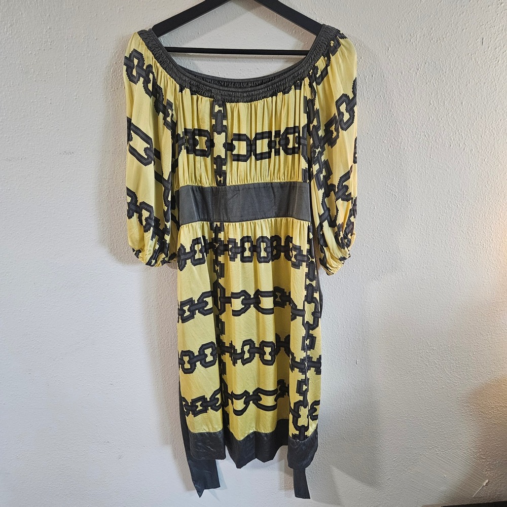 Bebe Vintage 100% Silk Yellow Geometric Chain Link Empire Waist Dress Large
